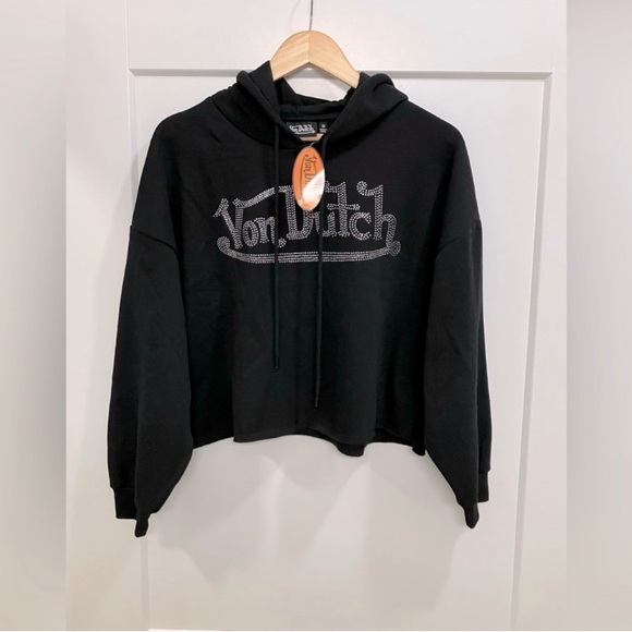 Von Dutch Rhinestone Cropped Hoodie | Black | NWT | Oversized | Y2K | Medium - Picture 2 of 9